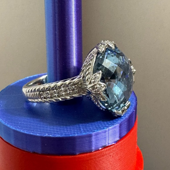 Judith Ripka 925 Sterling Silver Faceted Blue Topaz & CZ Ring - Picture 5 of 9